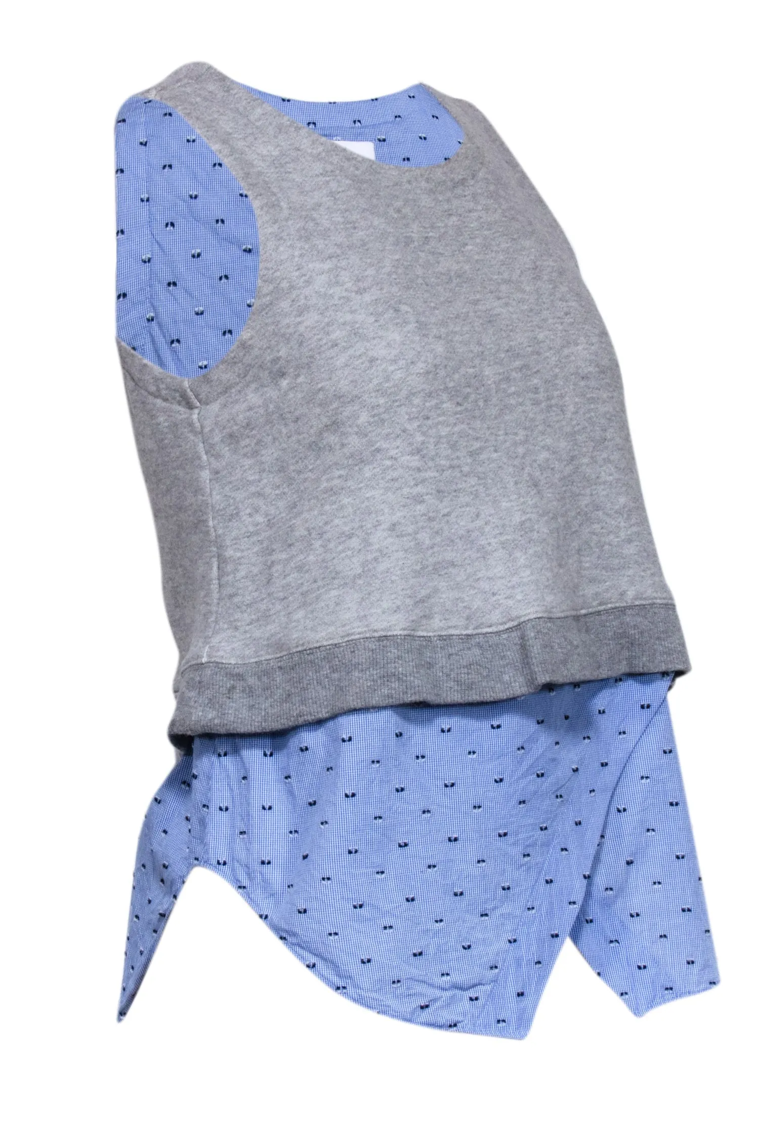 Derek Lam - Grey Sleeveless Knit Top w/ Blue Swiss Dot Shirting Sz S