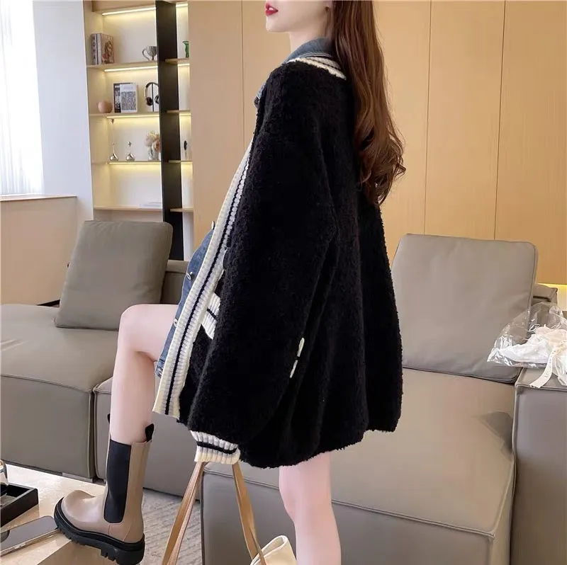 Designed denim splicing sweater cardigan for women 2023 new autumn casual loose and versatile knitted jacket (S0611)