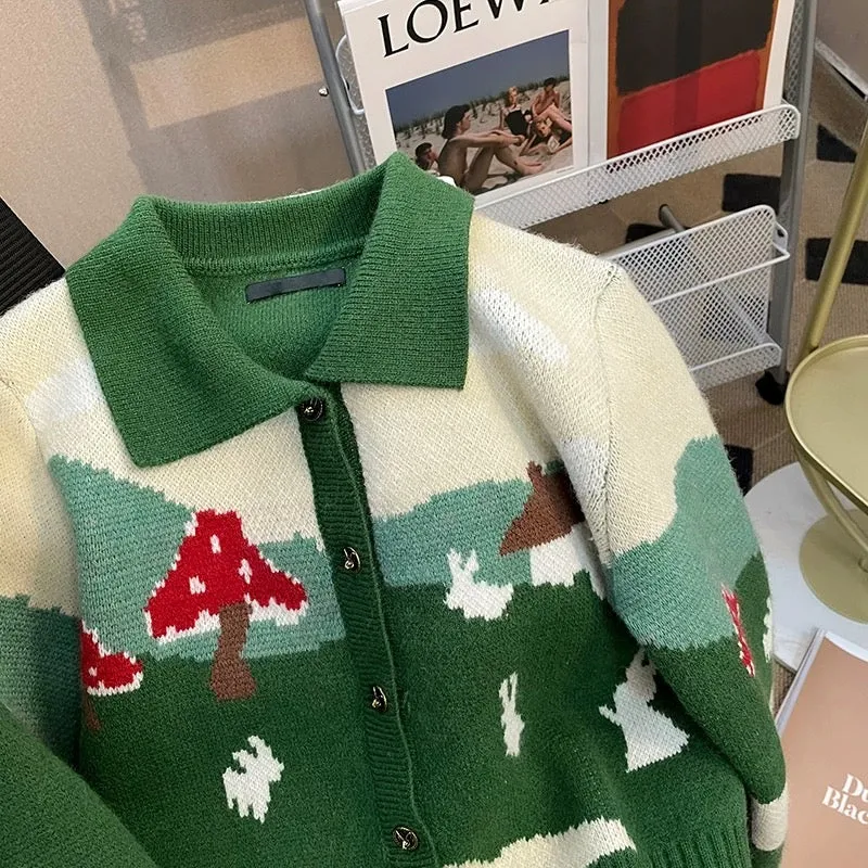 Designed long-sleeved lapel cardigan for women 2023 spring new age-reducing cartoon sweater contrasting color short sweater top