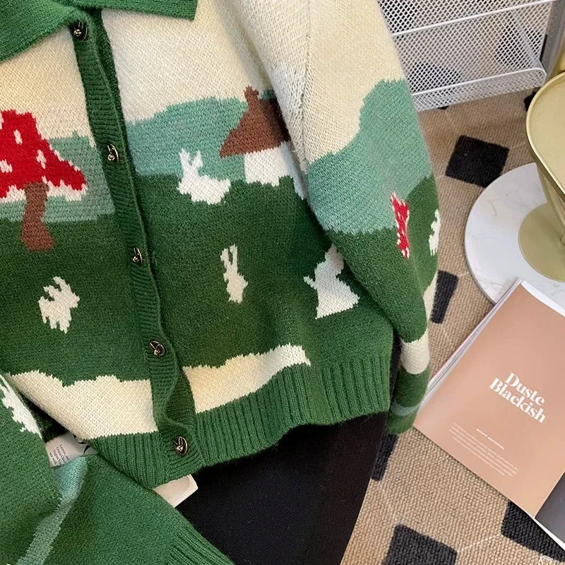 Designed long-sleeved lapel cardigan for women 2023 spring new age-reducing cartoon sweater contrasting color short sweater top
