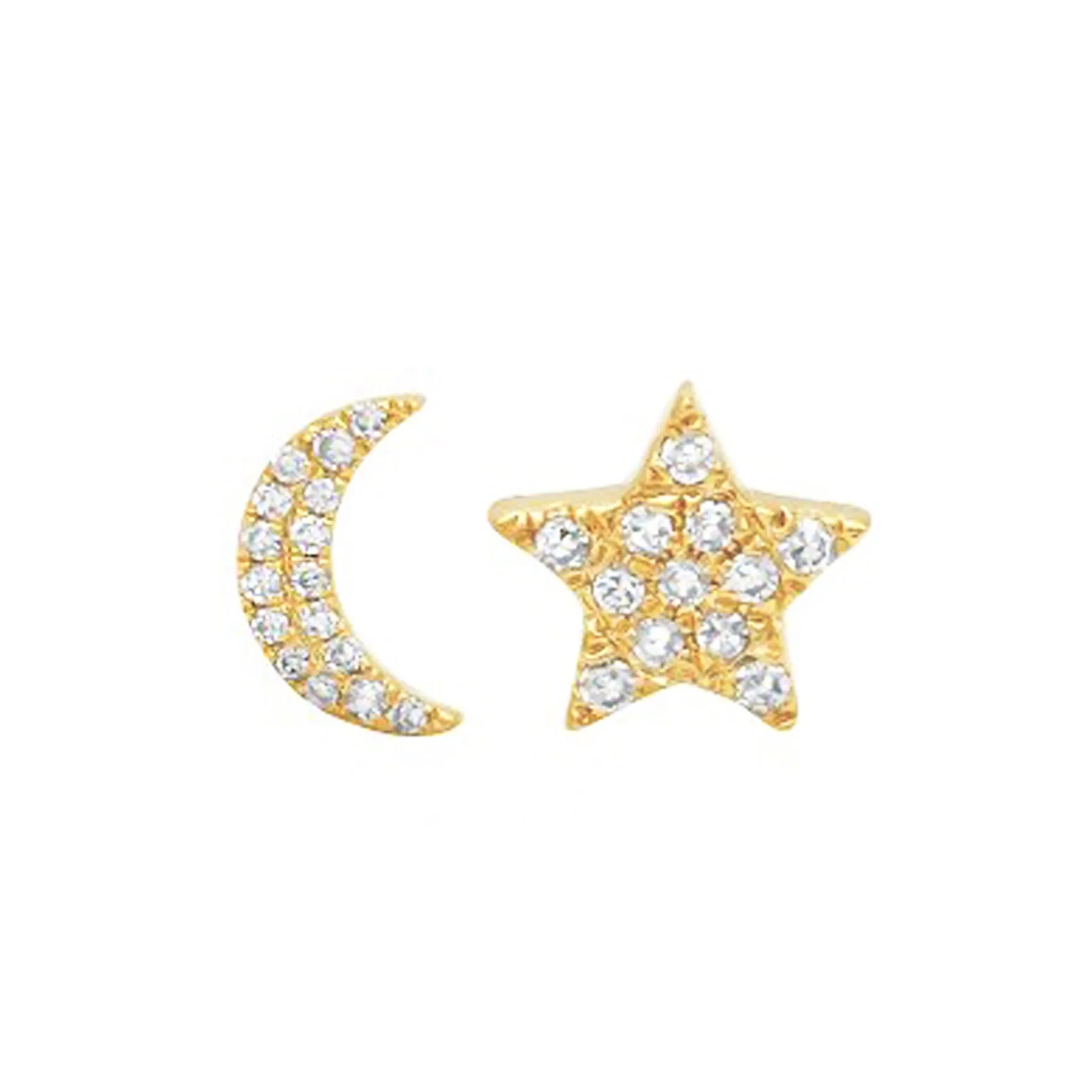 Diamond Star and Moon Stud Earrings in 14k