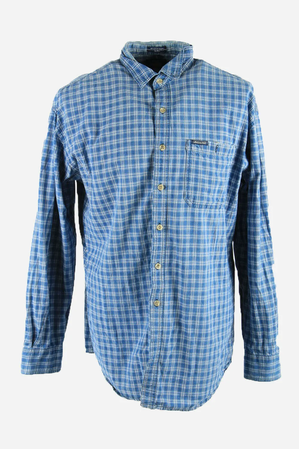 Dickies Mens Checked Shirt Long Sleeve Workwear 90s Blue Size L - Pepper Tree London