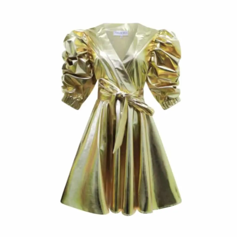 --Dogecoin Gold Metallic V Neck Wrap Dress-