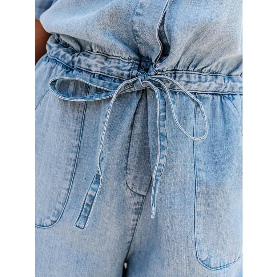 Drawstring Half Button Half Sleeve Denim Romper