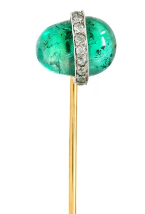Edwardian 4.65 CTW Emerald Diamond Platinum 14 Karat Gold Gemstone Stickpin