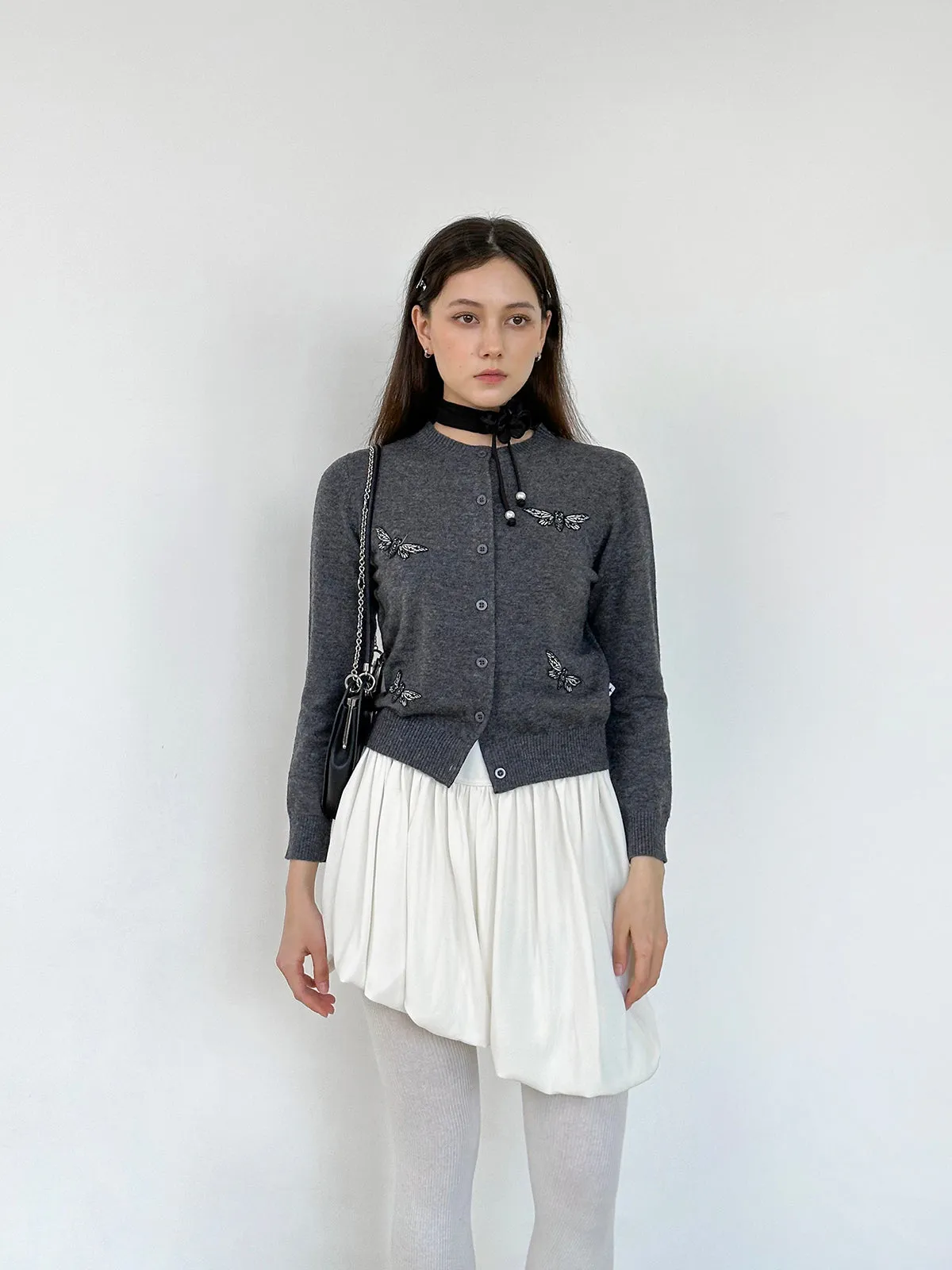 Embroidery Insect Nichi Crew-Neck Knit Cardigan