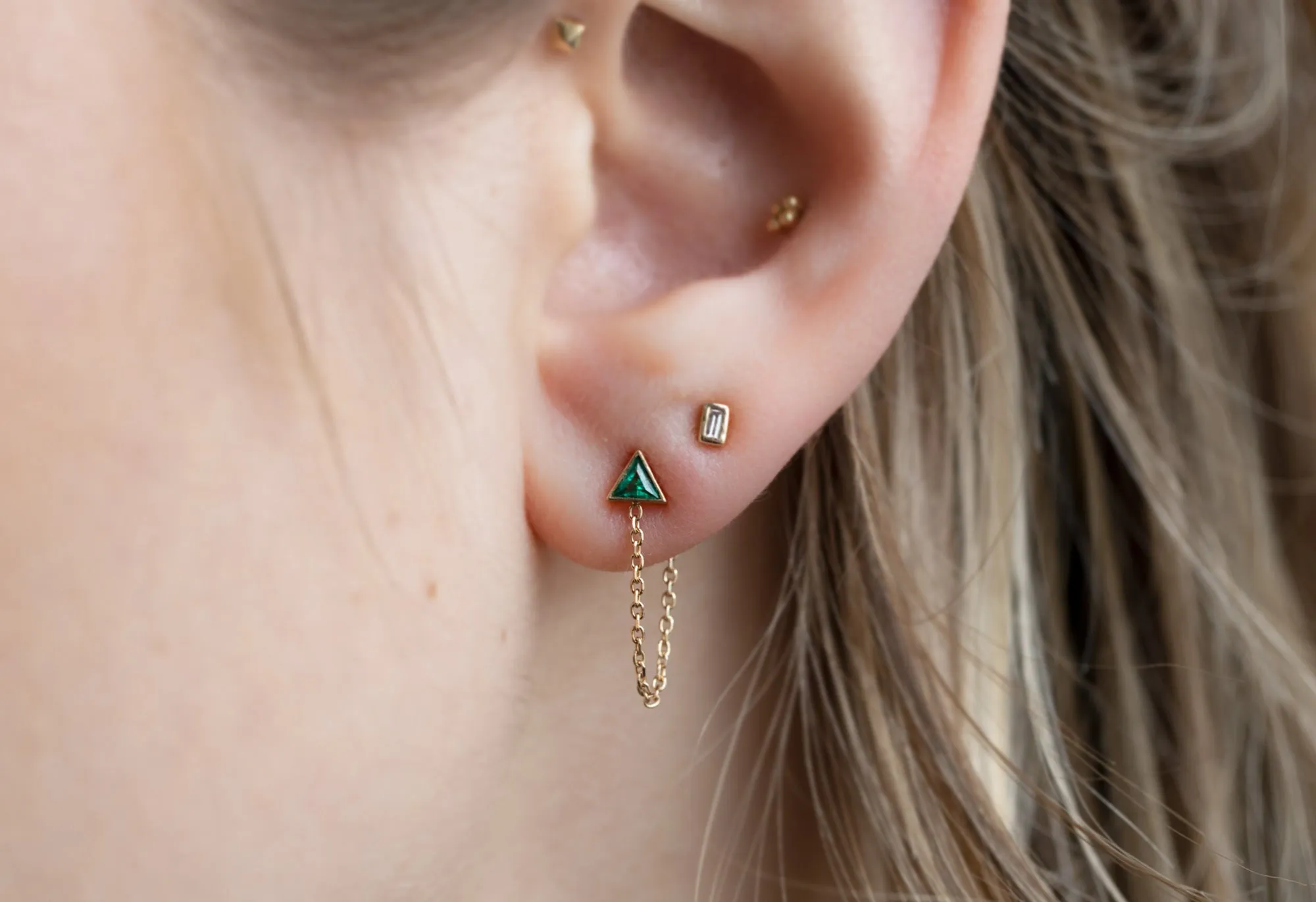 Emerald Trillion Chain Hoop Earrings