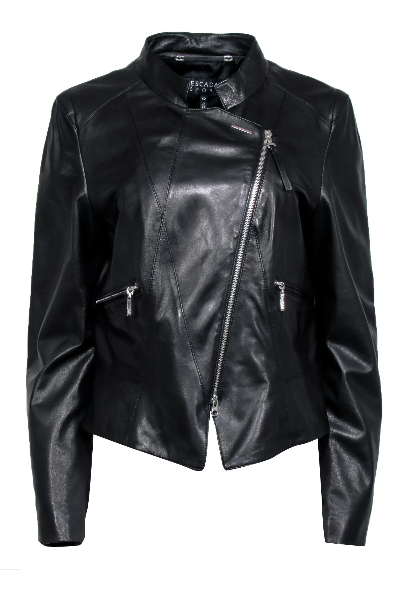 Escada Sport - Black Collarless Leather Moto Jacket Sz 12