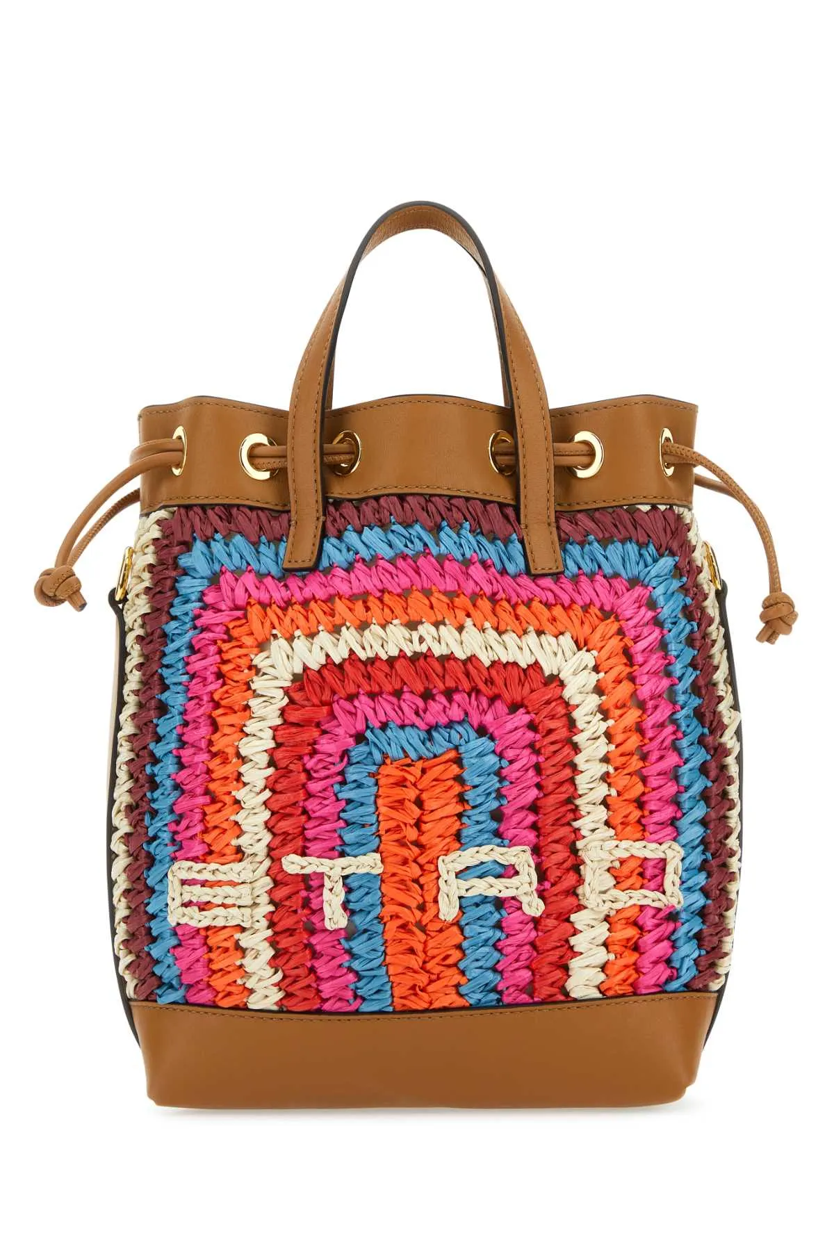 Etro Multicolor Raffia And Leather Bucket Bag