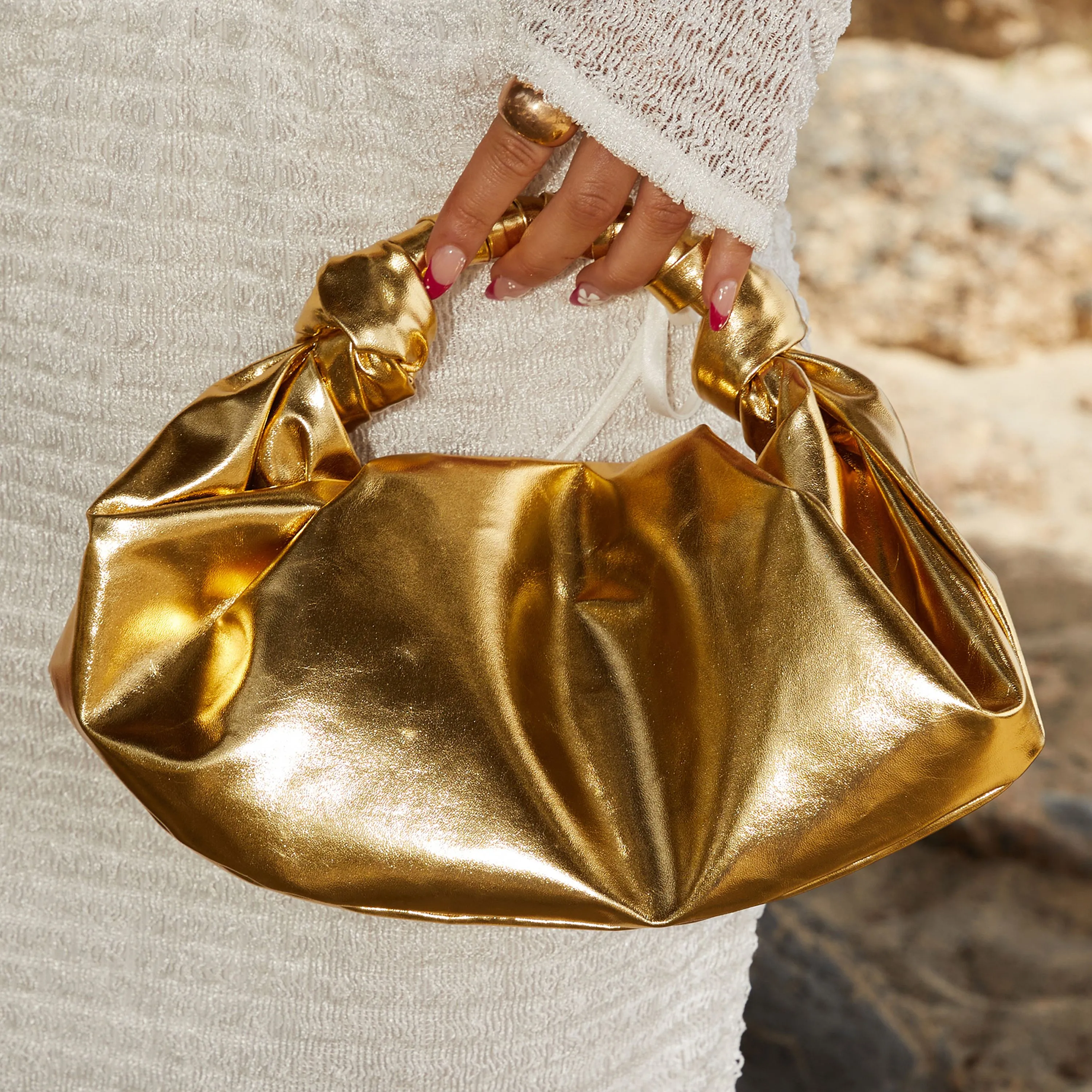 Evelyn Knotted Strap Ruched Detail Grab Bag In Gold Faux Leather