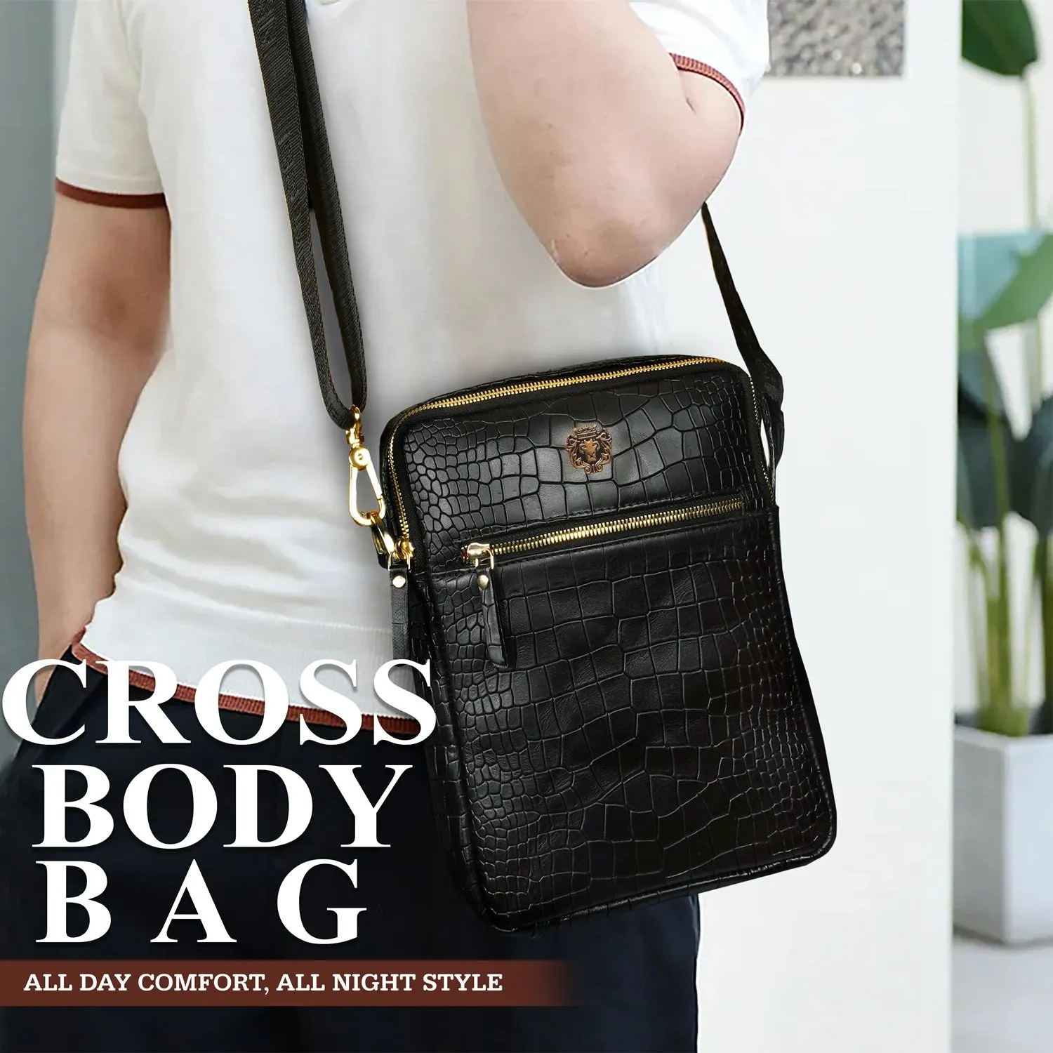 Fashionable Men's Cross-Body Bag in Deep Cut Black Leather