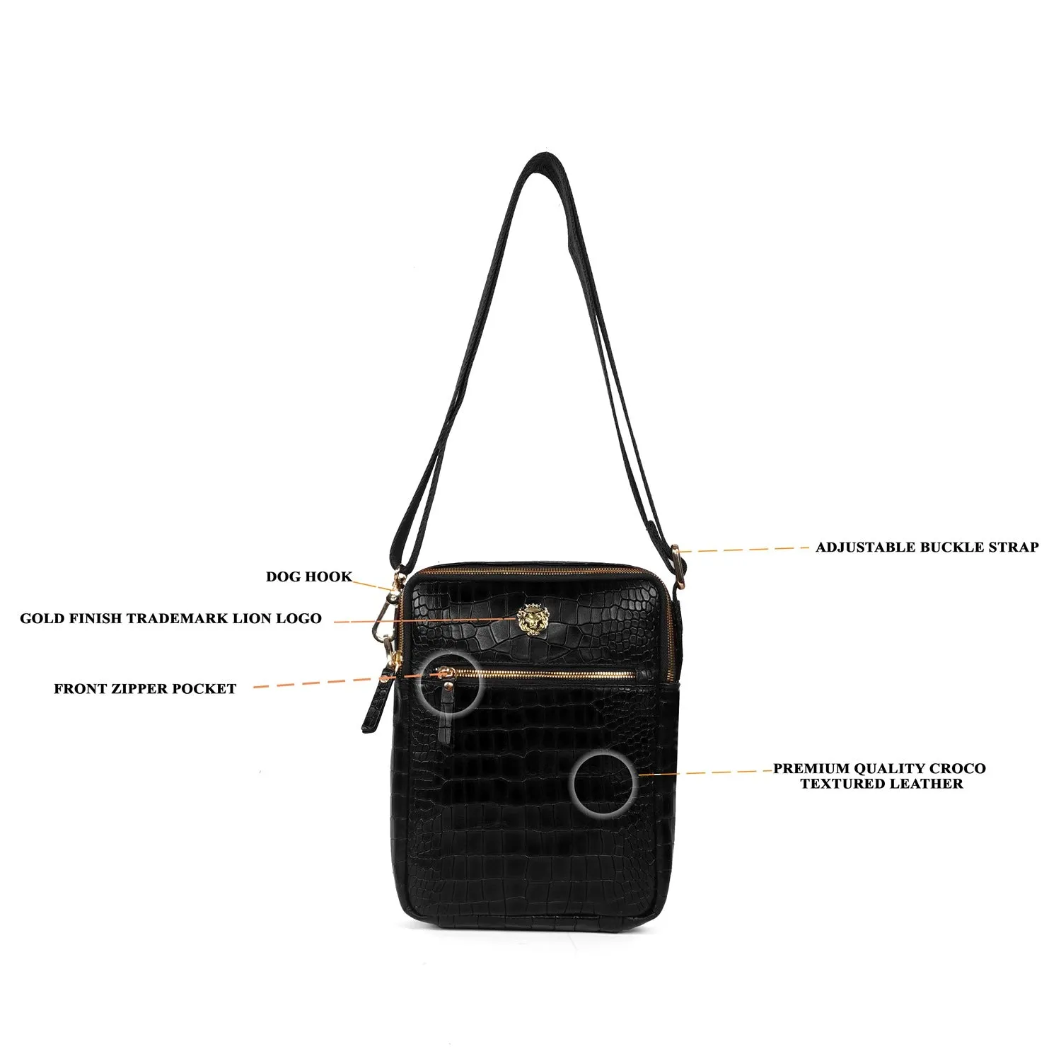 Fashionable Men's Cross-Body Bag in Deep Cut Black Leather