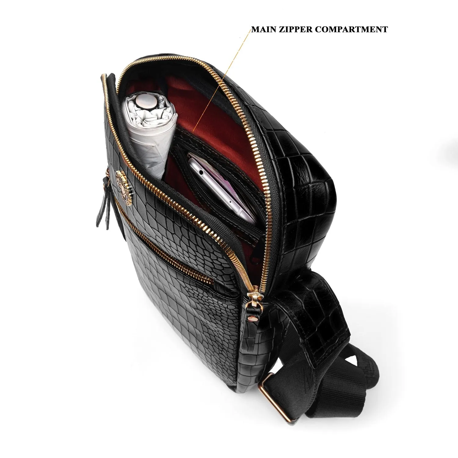 Fashionable Men's Cross-Body Bag in Deep Cut Black Leather