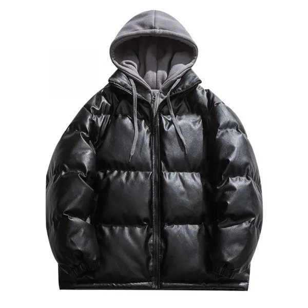 Faux leather windproof hooded puffer jacket for men