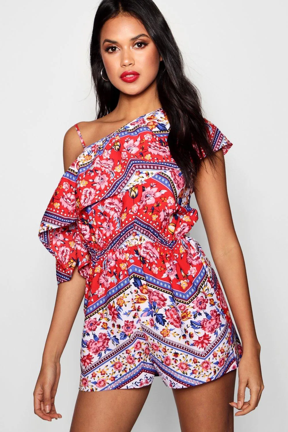 Floral One Shoulder Ruffle Romper