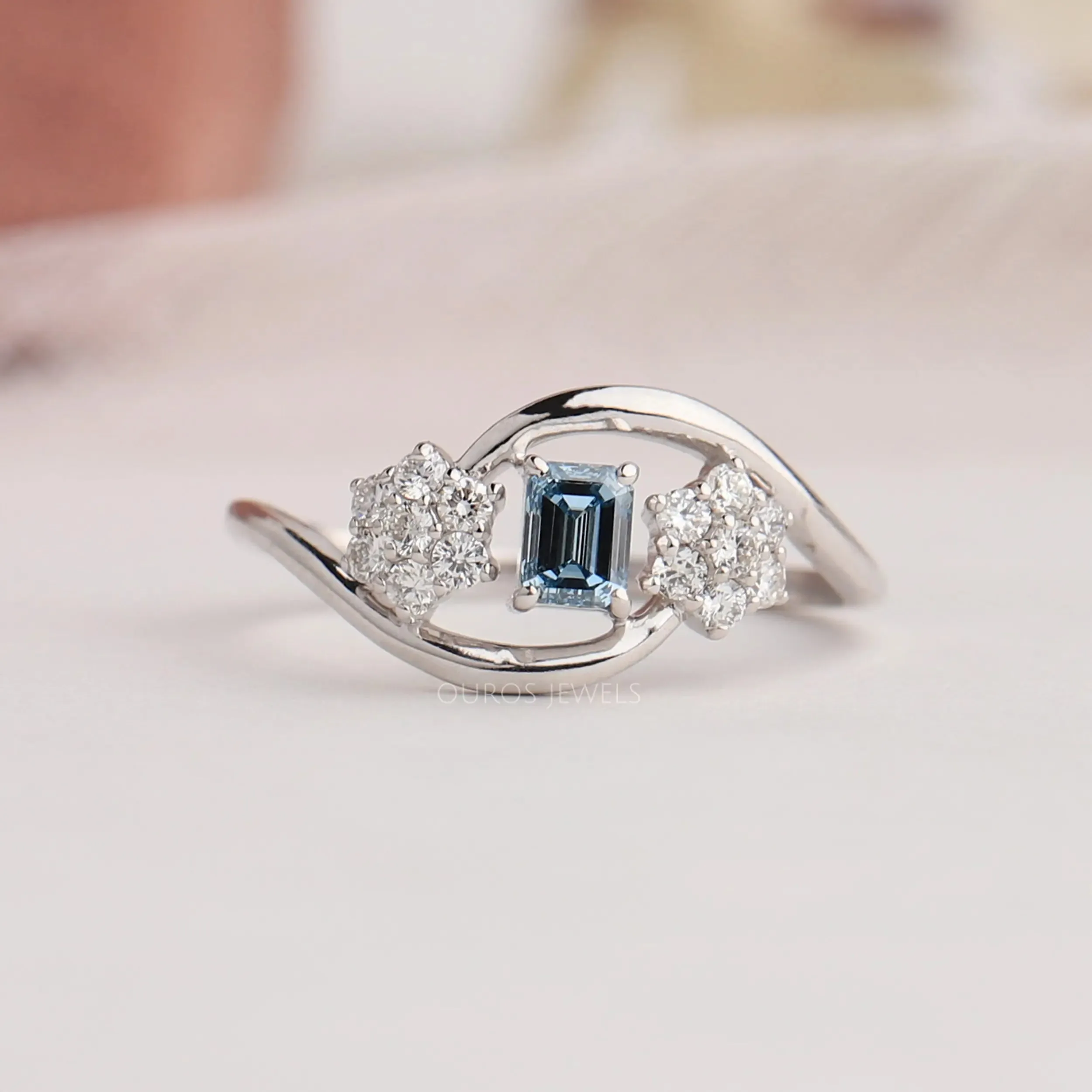 Floral Shape Blue Emerald Cut Lab Diamond Dainty Ring
