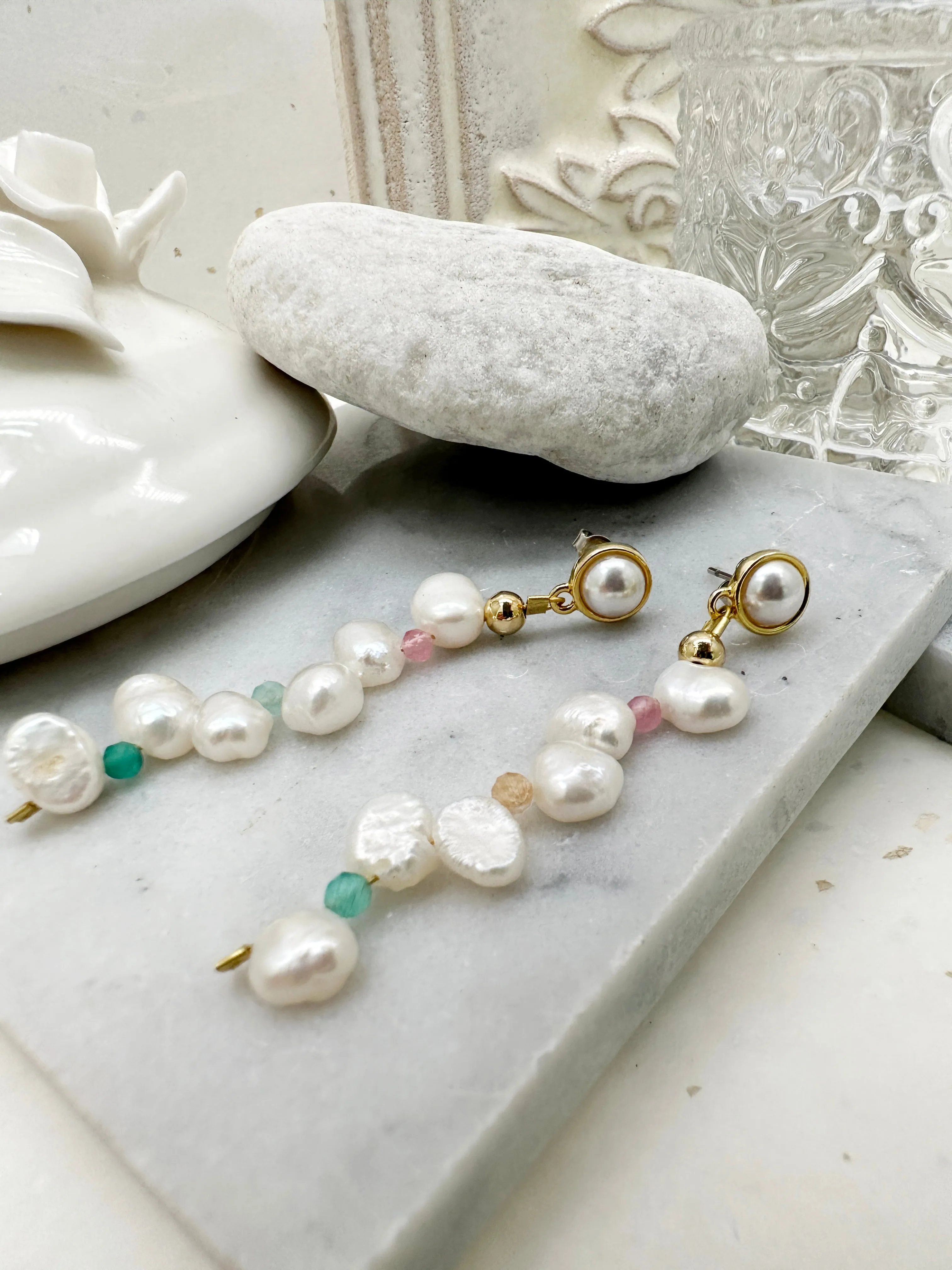 Flower Petal Freshwater Pearls With Colorful Stones Earrings LE035