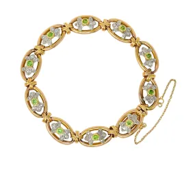 French Edwardian Demantoid Garnet Diamond Platinum-Topped 18 Karat Gold Link Bracelet