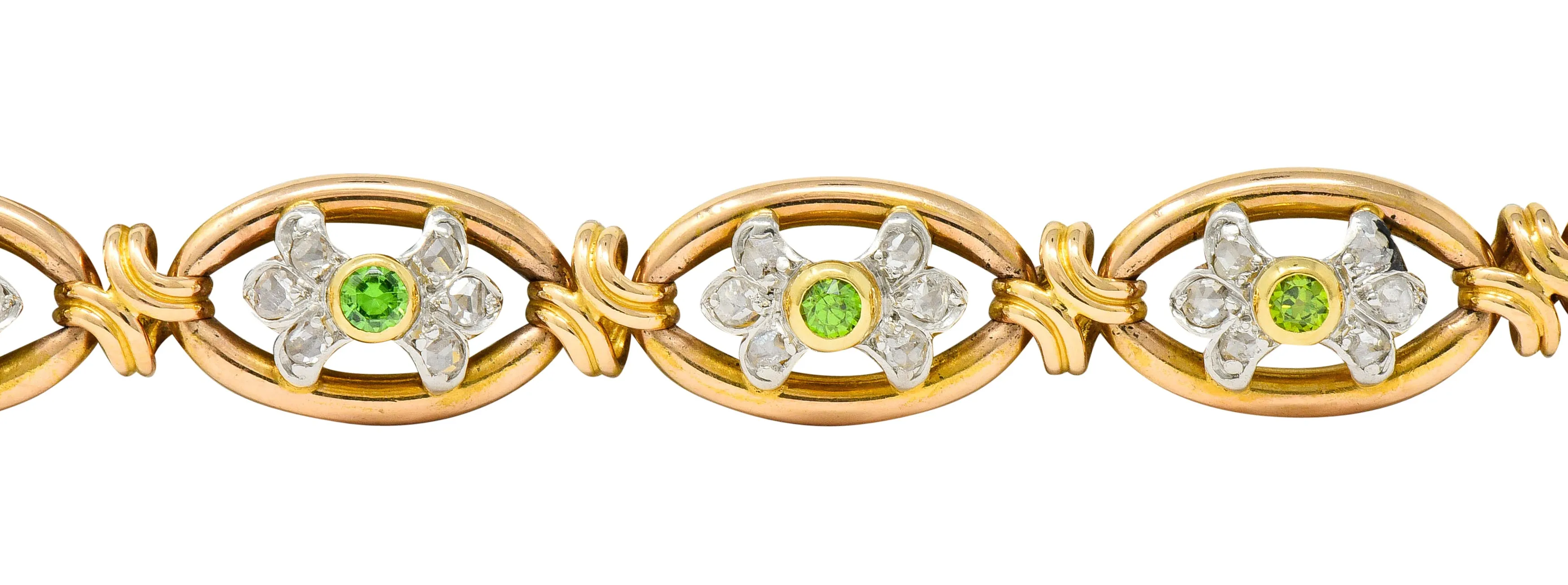 French Edwardian Demantoid Garnet Diamond Platinum-Topped 18 Karat Gold Link Bracelet