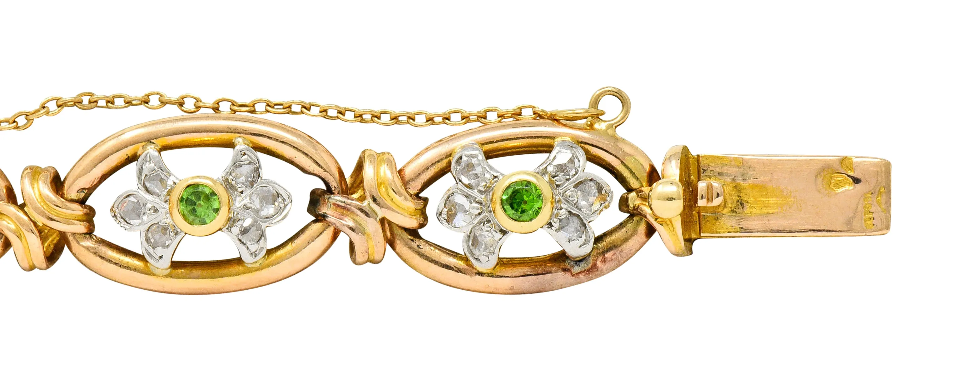 French Edwardian Demantoid Garnet Diamond Platinum-Topped 18 Karat Gold Link Bracelet