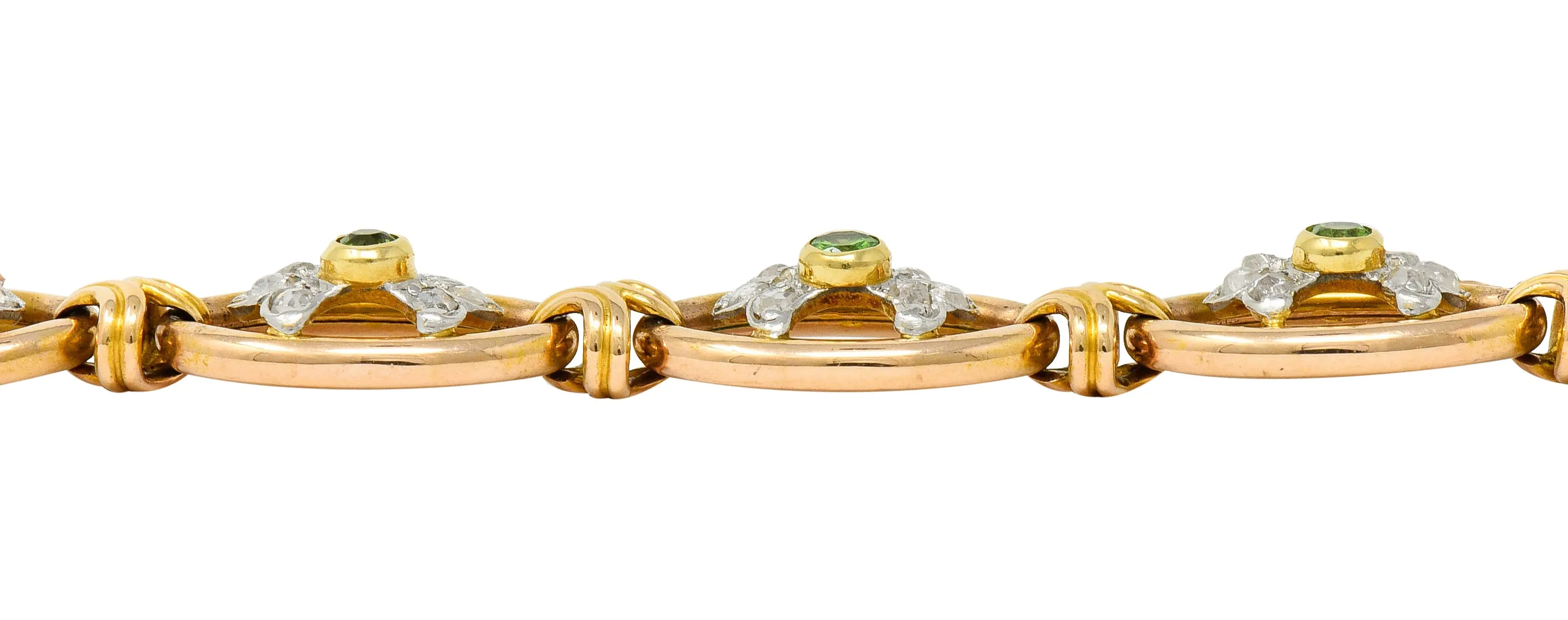 French Edwardian Demantoid Garnet Diamond Platinum-Topped 18 Karat Gold Link Bracelet