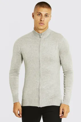 Funnel Neck Knitted Zip Through Jacket | boohooMAN UK