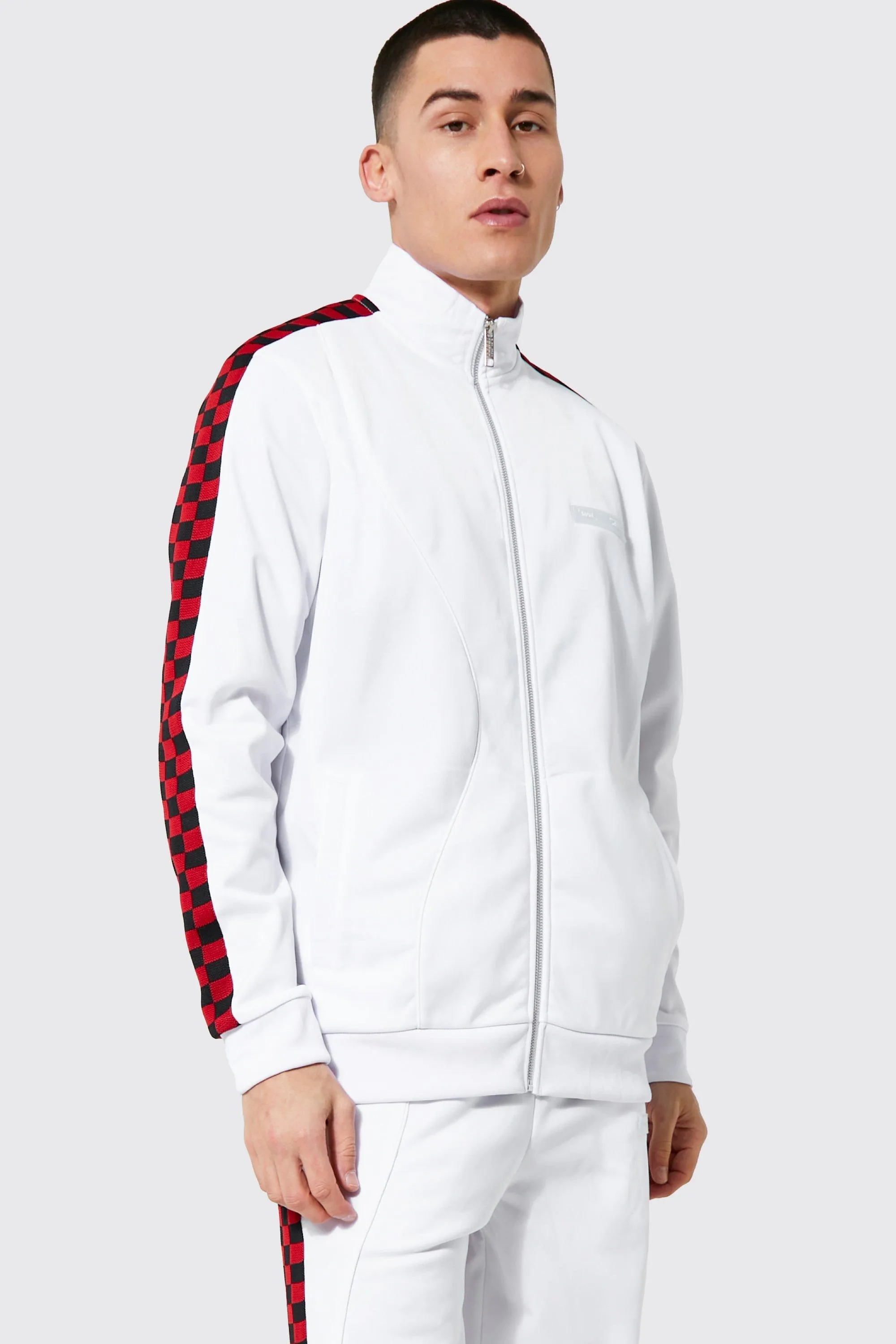 Funnel Neck Tricot Tracksuit With Side Taping | boohooMAN UK