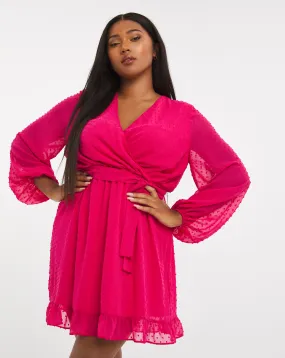 Fuschia Pink Wrap Dobby Skater Dress | Simply Be