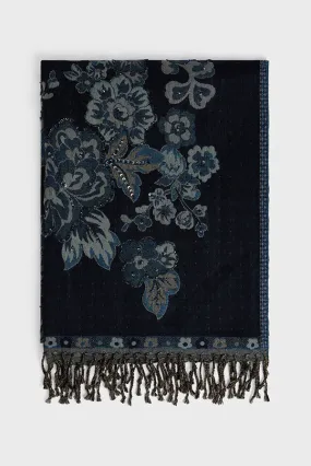 Gerard Darel DORINE BLUE WOOL LARGE FLOWER PRINT SCARF