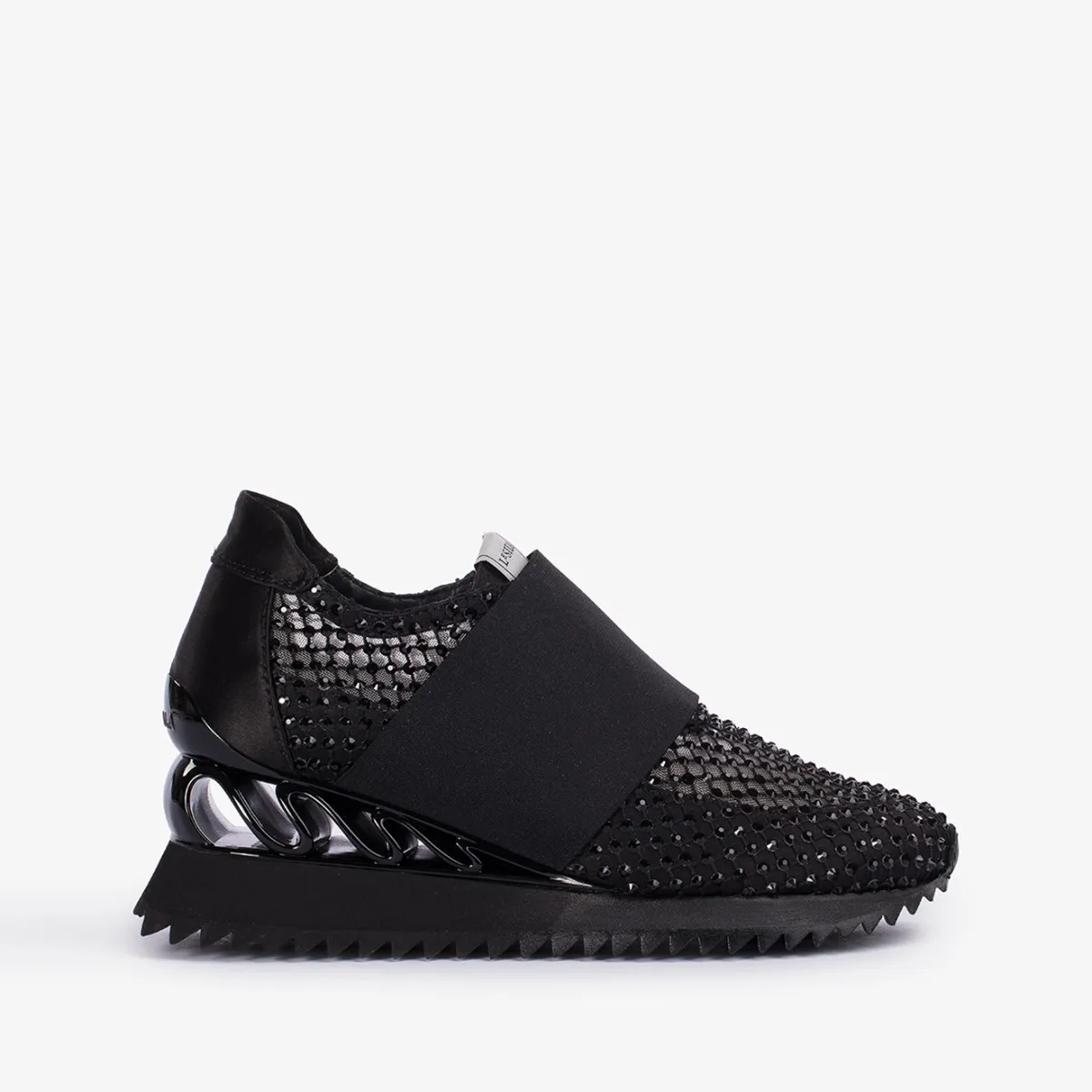 GILDA RUNNING 60 mm Jet black satin, fishnet and Crystals running shoe