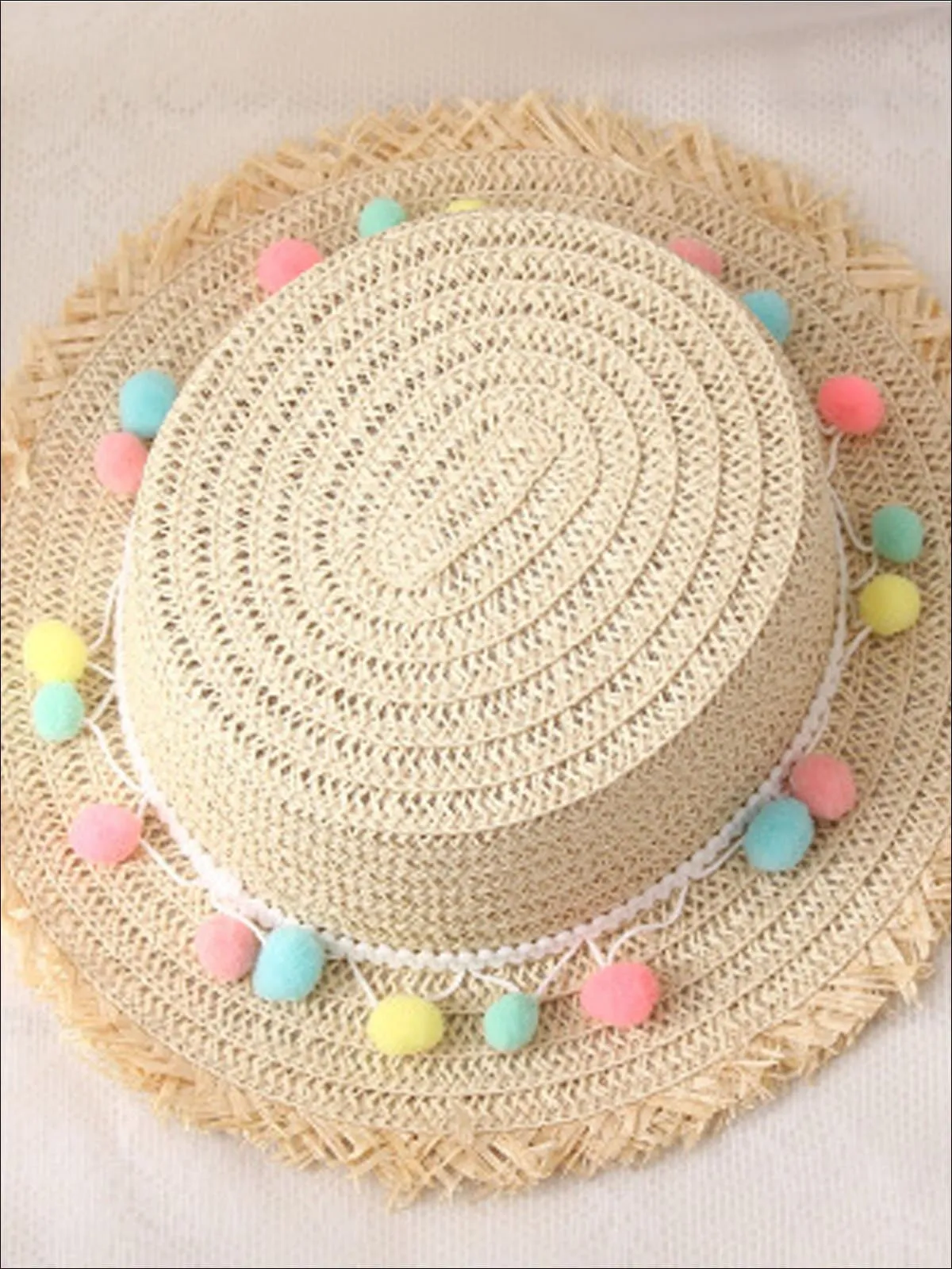 Girls Frayed Edge Pom Pom Straw Hat