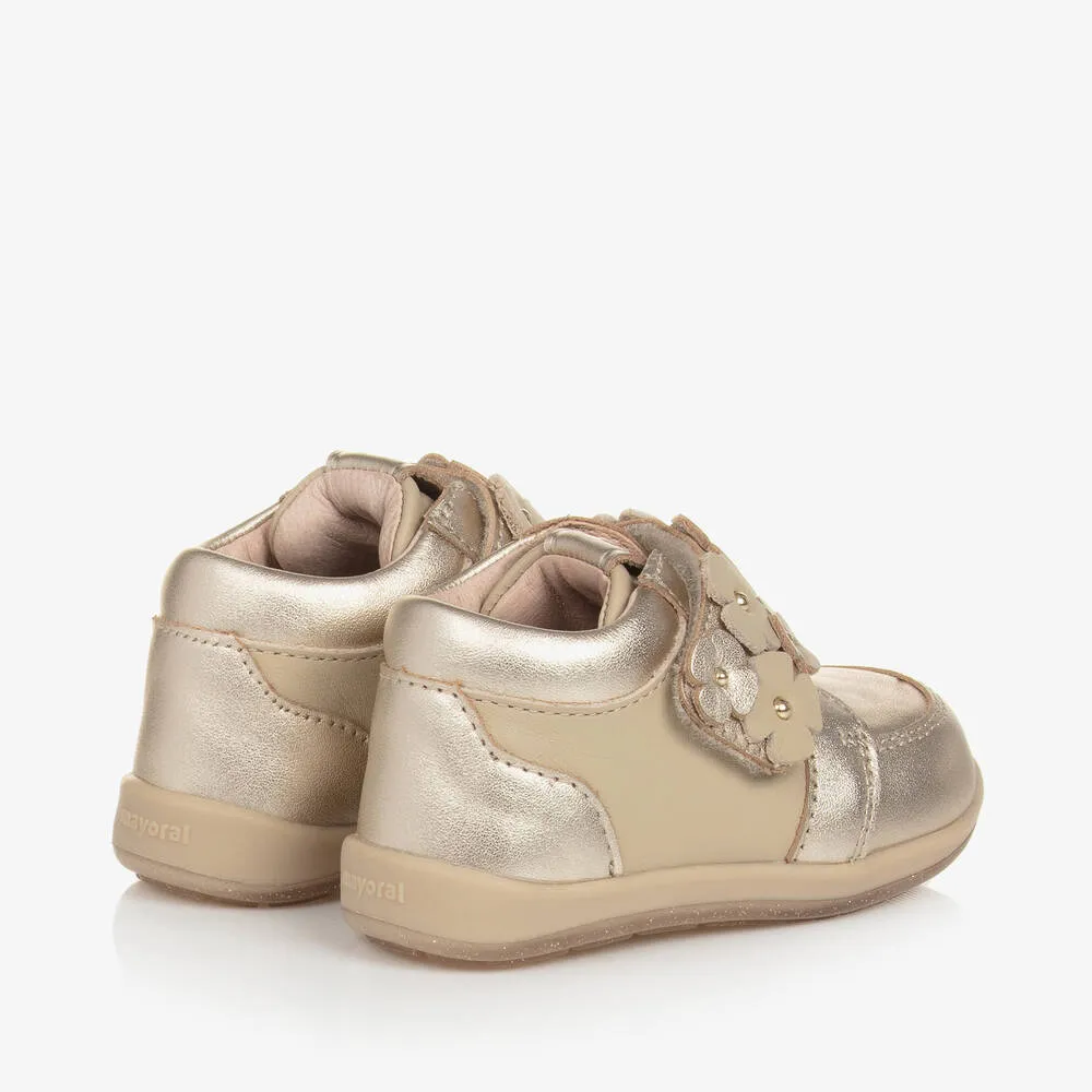 Girls Gold Leather Floral Trainers