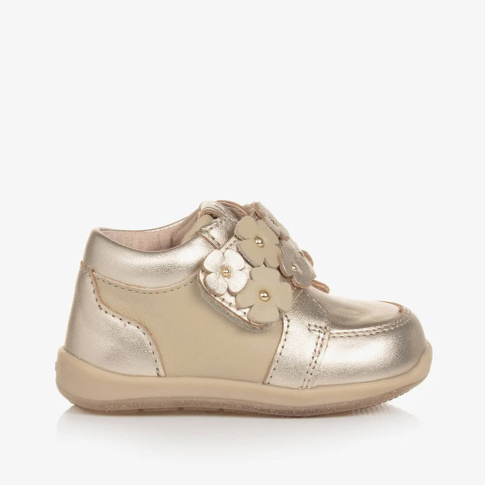 Girls Gold Leather Floral Trainers