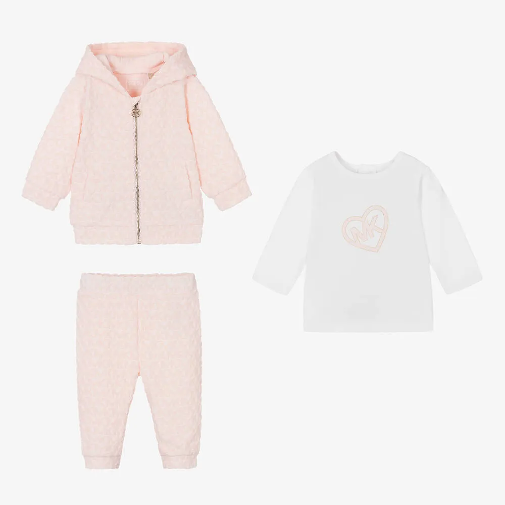 Girls Pink & White Monogram Tracksuit Set