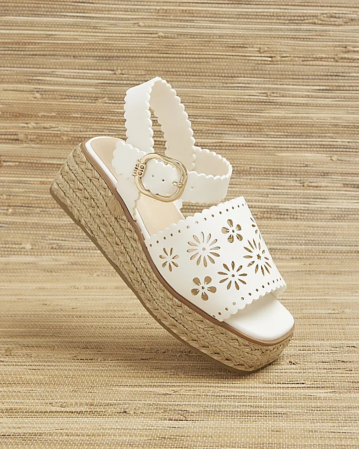 Girls white cut out scallop wedge sandals