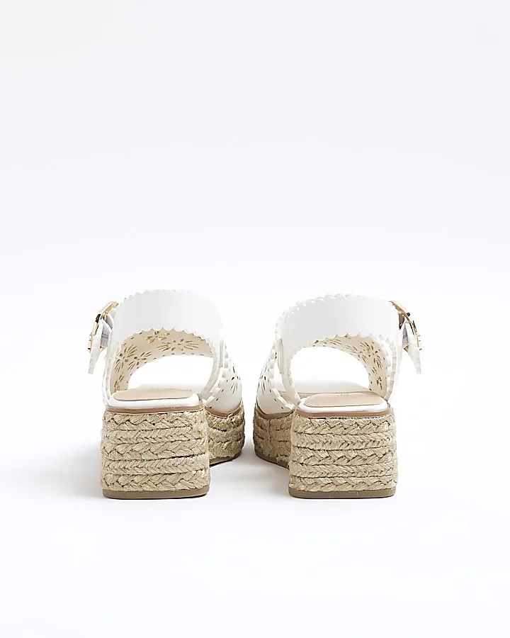 Girls white cut out scallop wedge sandals