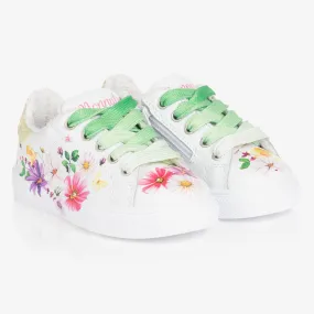 Girls White Floral Leather Trainers