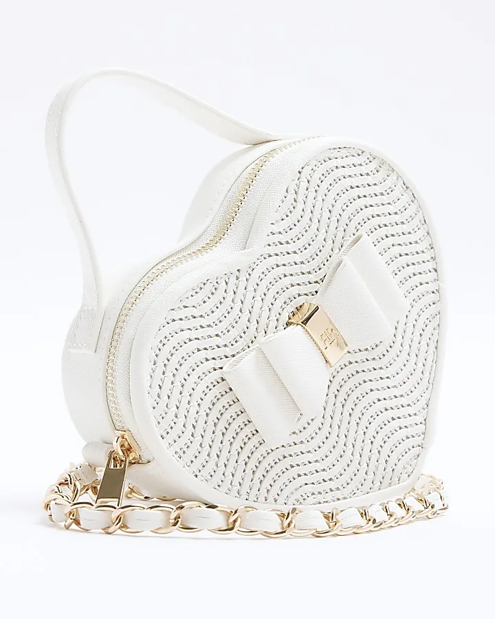 Girls white raffia heart cross body bag