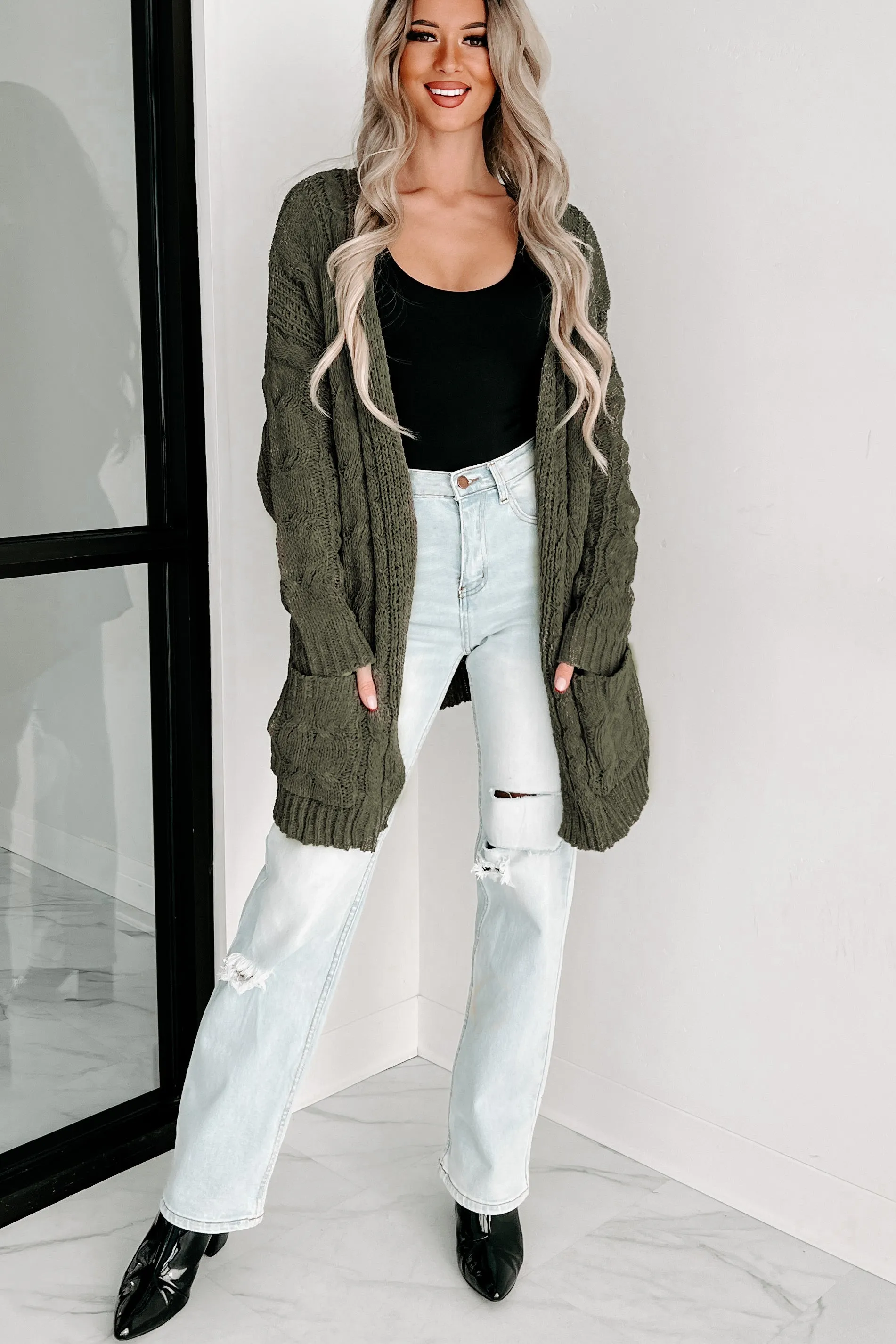 Give It A Rest Open Front Cardigan (Olive)