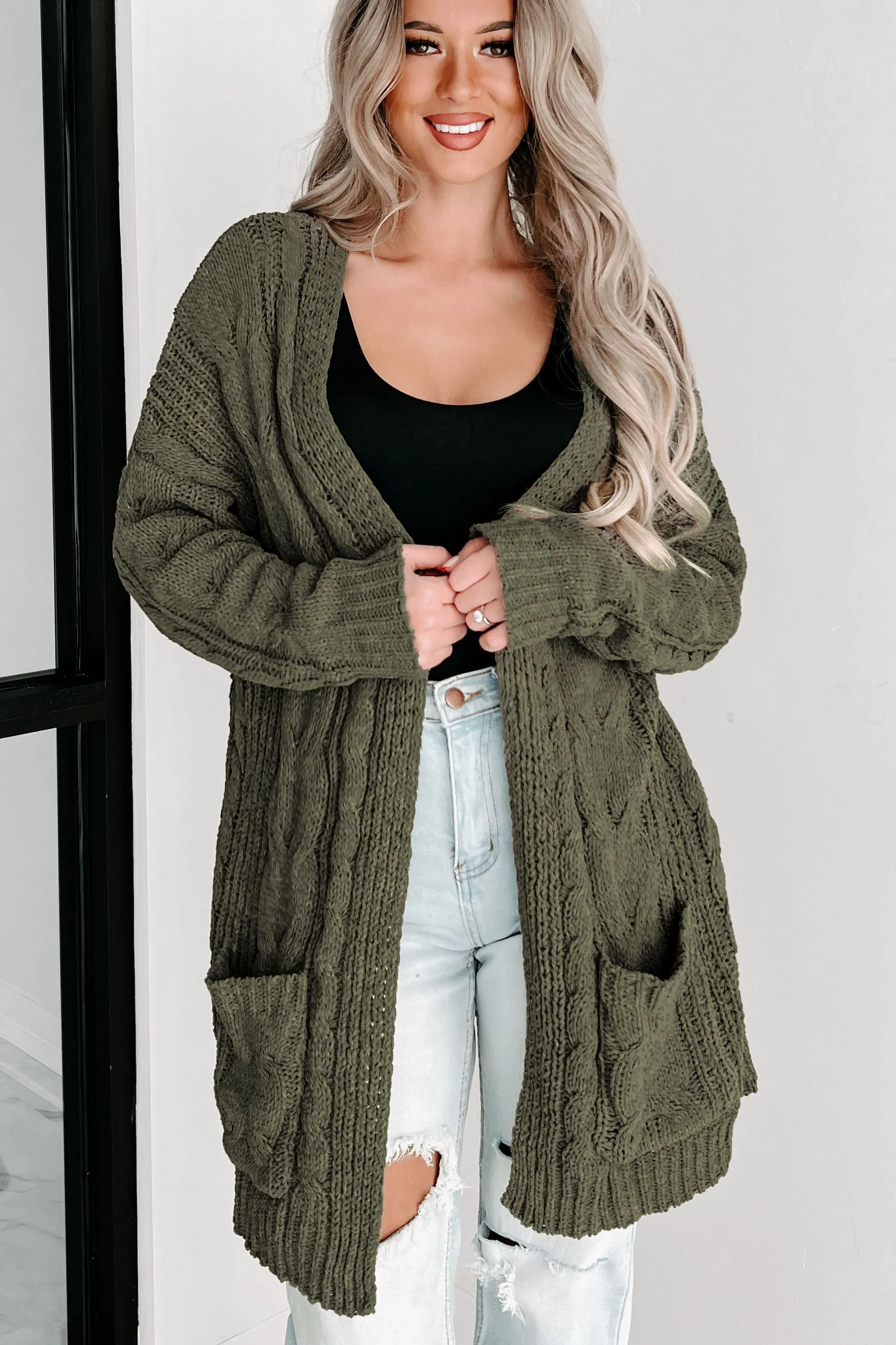 Give It A Rest Open Front Cardigan (Olive)