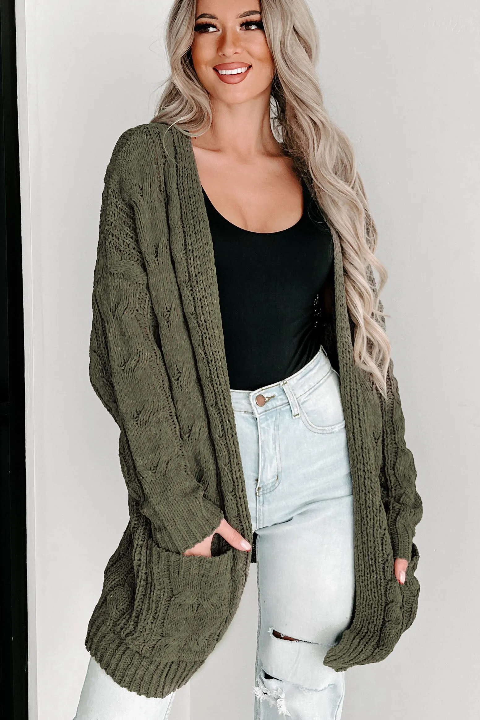 Give It A Rest Open Front Cardigan (Olive)