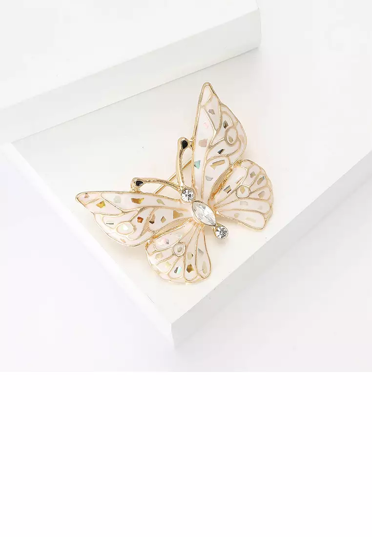 Glamorousky Fashion and Elegant Plated Gold Enamel White Butterfly Brooch with Cubic Zirconia