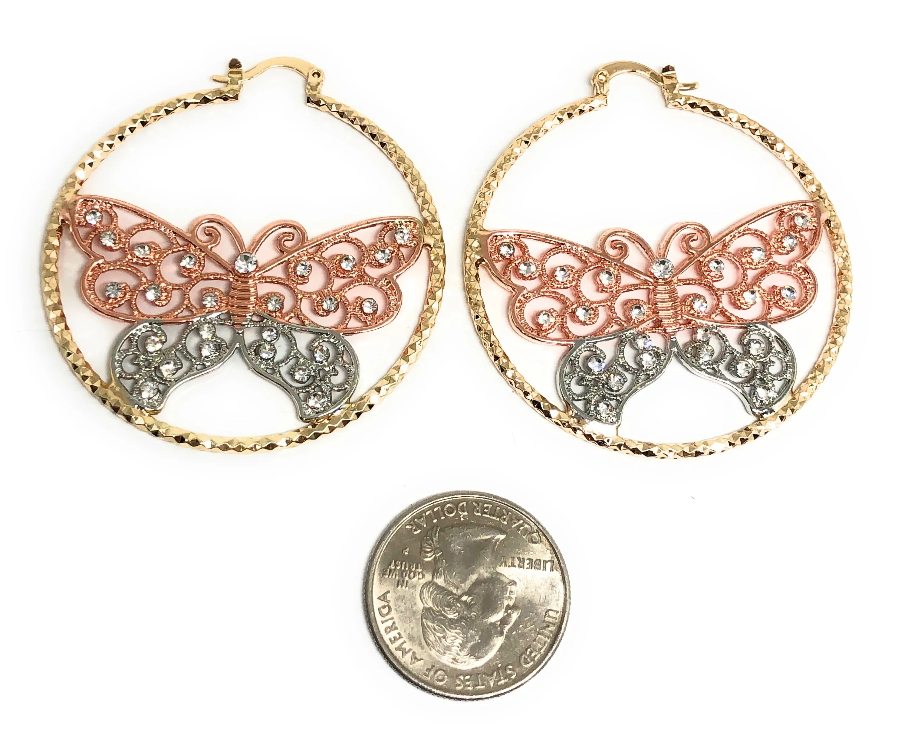 Gold Plated Butterfly Hoop Earrings  Mariposa Aretes Arracadas