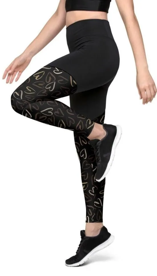 Golden Heart Print Compression Leggings