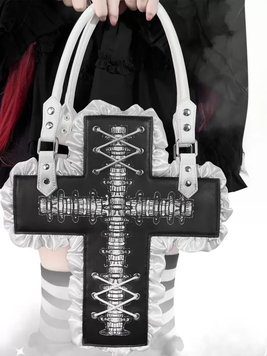 Gothic Lolita Bag Black PU Leather Ruffles Cross PU Leather Handbag Lolita Accessories