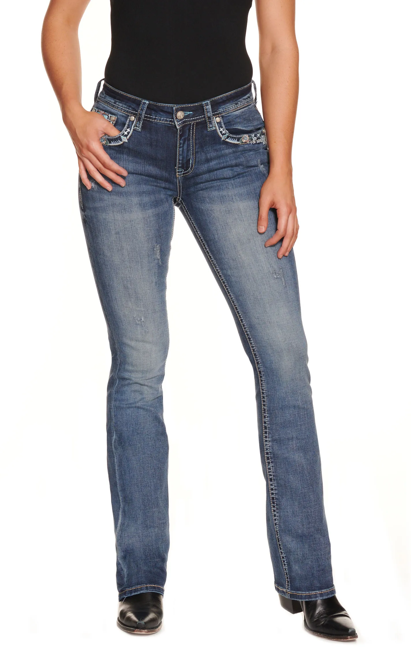 Grace in LA Women's Medium Wash with Floral Longhorn Embroidery Easy Fit Boot Cut Jeans