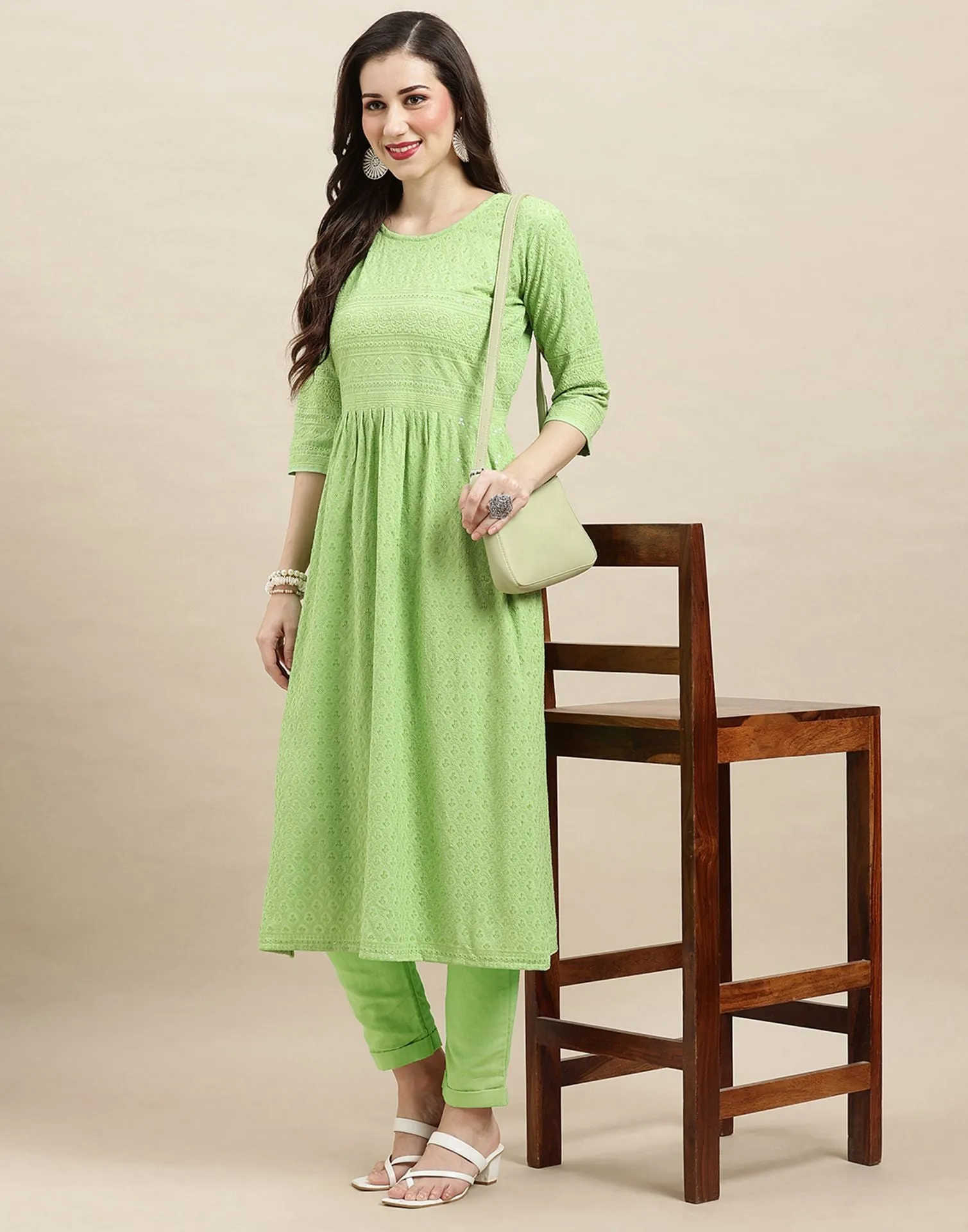 Green Rayon Sequence Kurti