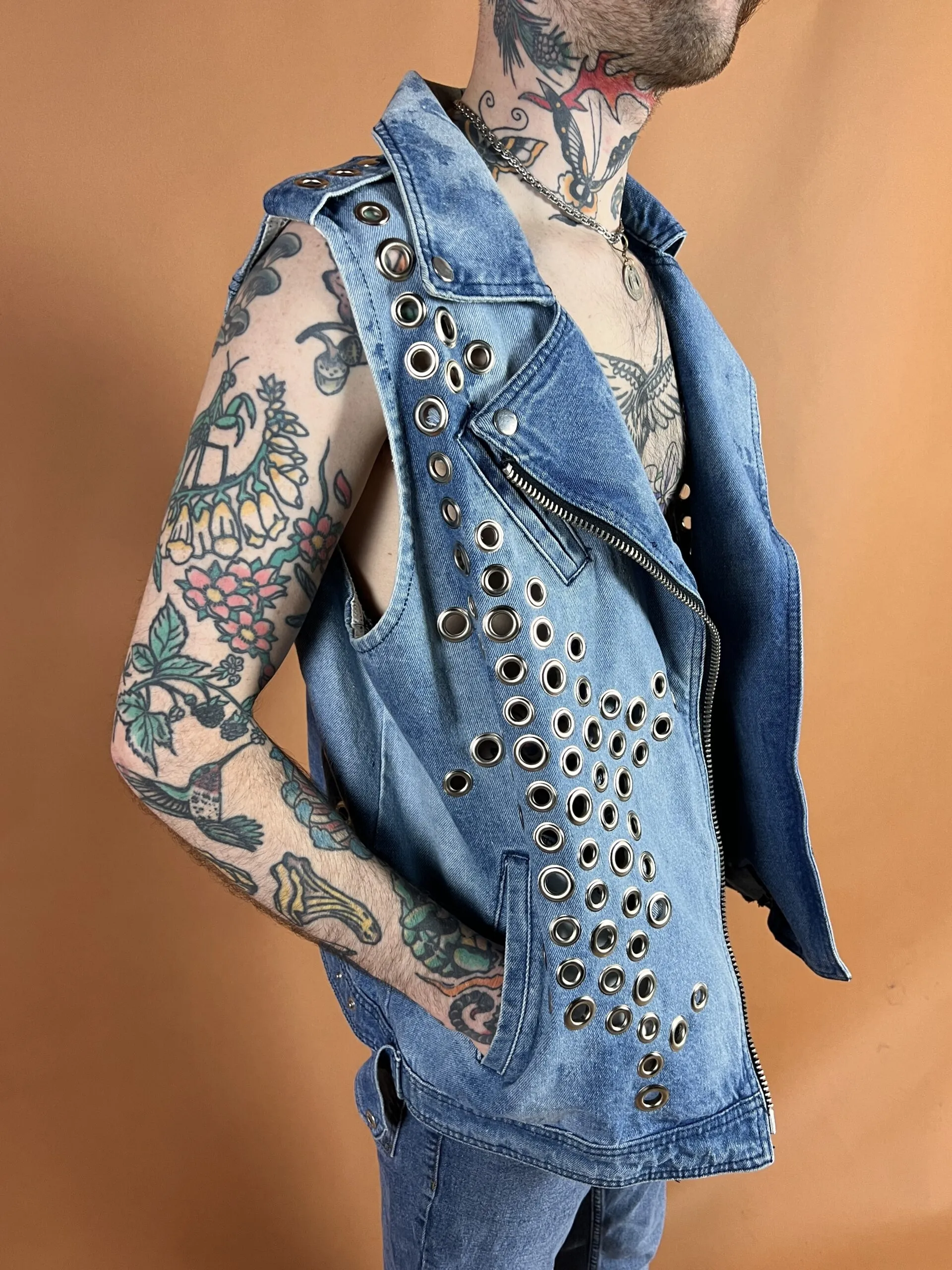 Grommeted & Bleached Denim Oversized Moto Vest