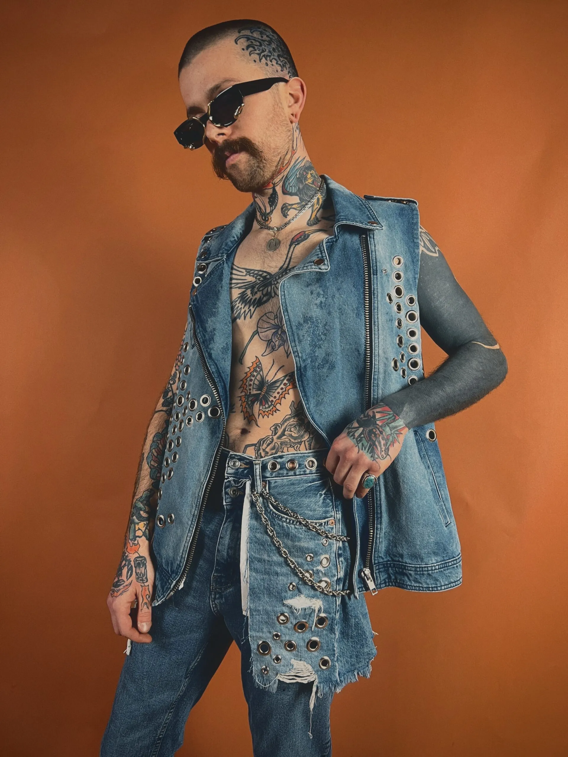 Grommeted & Bleached Denim Oversized Moto Vest