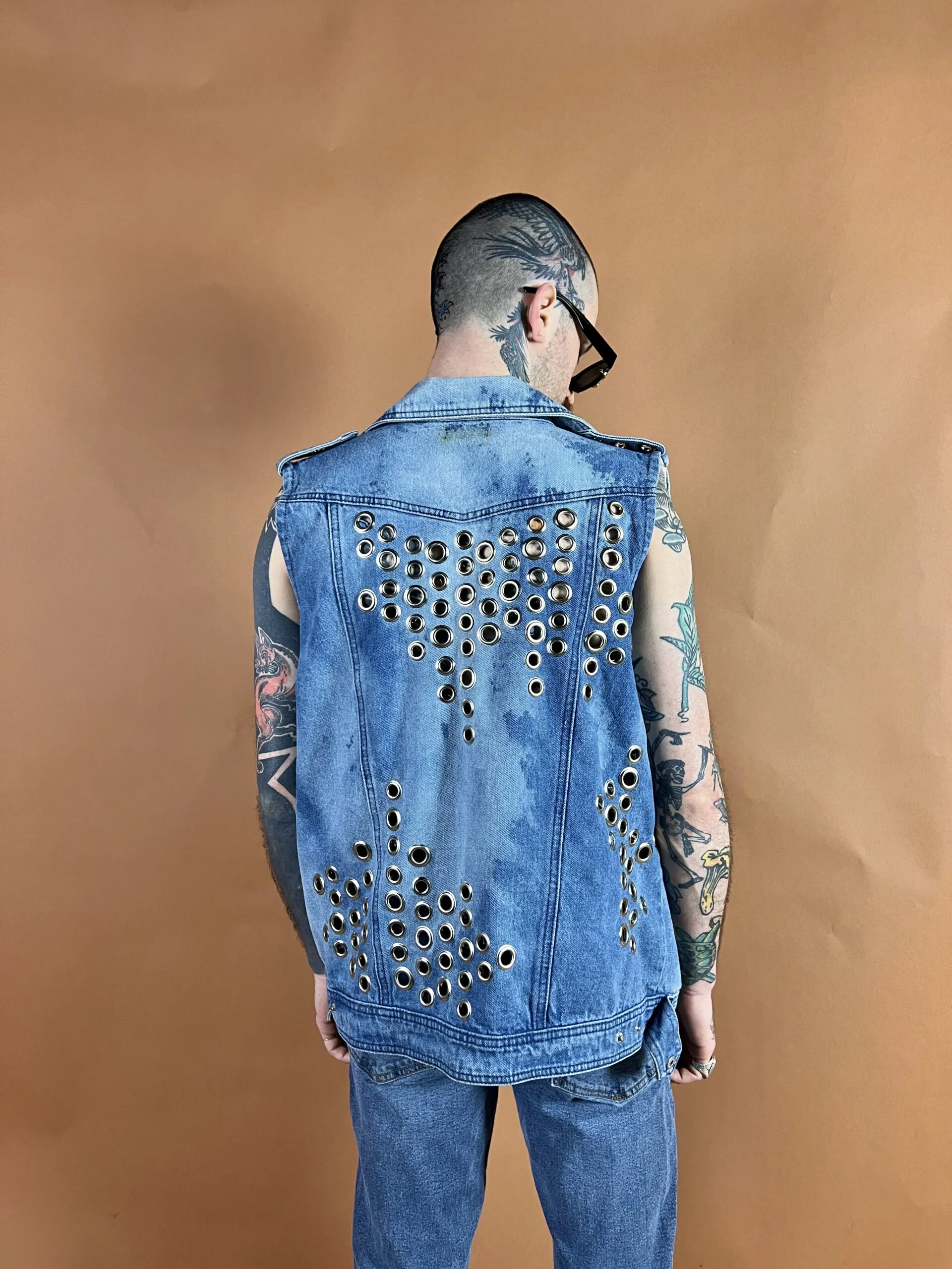 Grommeted & Bleached Denim Oversized Moto Vest